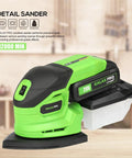 Badass 20V Cordless Detail Sander With 2 Amp Hour Battery And Twenty Sanding Discs For Smooth Wood Finishing and Zero Hassle Metal Polishing Delivering Killer 12000 RPM Power For Quick Home Projects side profile view on wooden surface.