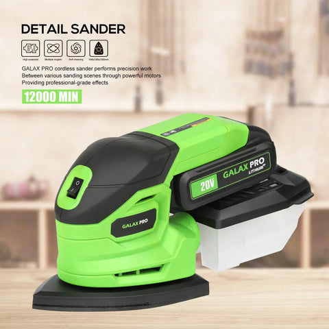Badass 20V Cordless Detail Sander With 2 Amp Hour Battery And Twenty Sanding Discs For Smooth Wood Finishing and Zero Hassle Metal Polishing Delivering Killer 12000 RPM Power For Quick Home Projects side profile view on wooden surface.