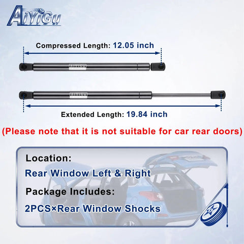 High Output Rear Liftgate Glass Gas Shock Strut For Chevy Tahoe Suburban 07 Through 14 Gmc Yukon And Cadillac Escalade showing size and specifications.