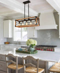 Linear Kitchen Chandelier Five Light Dope Farmhouse Pendant Lighting For Dining Room With Wood And Metal Frame shown above island
