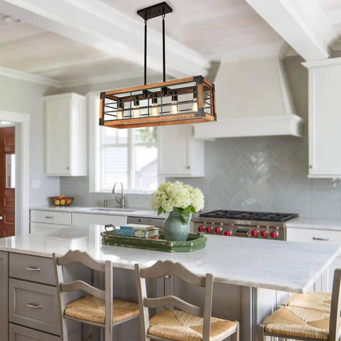 Linear Kitchen Chandelier Five Light Dope Farmhouse Pendant Lighting For Dining Room With Wood And Metal Frame shown above island