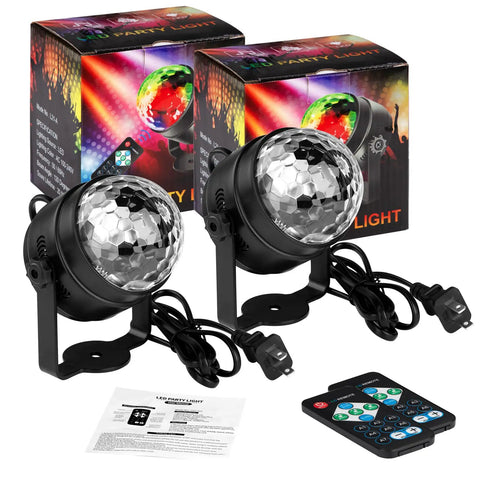 Disco Ball Party Lights With Remote Sound Activated RGB Seven Color Strobe DJ Lights for home parties two pack with packaging