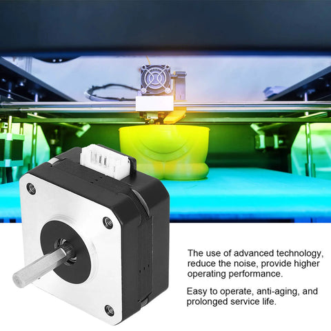 Front view of NEMA 17 stepper motor with silver faceplate, black alloy body, protruding shaft and 4-pin connector.