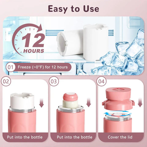 Portable Breastmilk Cooler For Travel And Daily Grind, Reusable 22oz Two Pack with freezing instructions and usage steps.