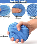 Microfiber Wax Applicator Pads With Finger Pocket For Car Waxing, Polishing, And Detailing, blue pad in hand showing sponge detail.