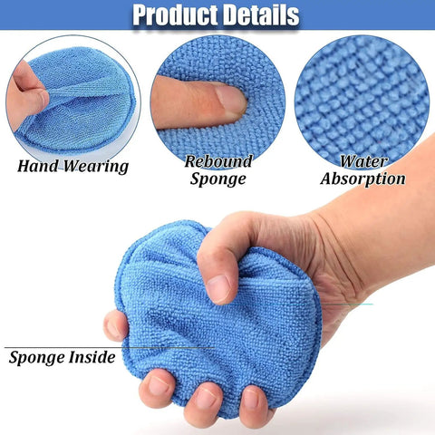 Microfiber Wax Applicator Pads With Finger Pocket For Car Waxing, Polishing, And Detailing, blue pad in hand showing sponge detail.
