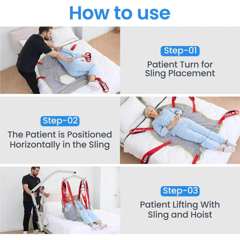 Heavy Duty Electric Patient Transfer Lift With Sling 510 Lbs Capacity shown in use: patient placement and lifting instructions.