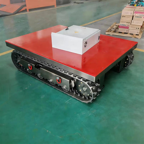 Electric Heavy Duty Equipment Moving Skate Remote Control Machinery Dolly For Industrial Jobs, Heavy Lifting, Smooth Roll, Four Wheel Portable Dolly, Adjustable Height, Durable Steel Construction, Ideal For Workshops, Garages, And Construction Sites, red tracked base
