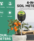 4 In 1 Soil Tester Moisture pH Sunlight And Fertility Meter in potted plant for indoor use, showing measurement features.