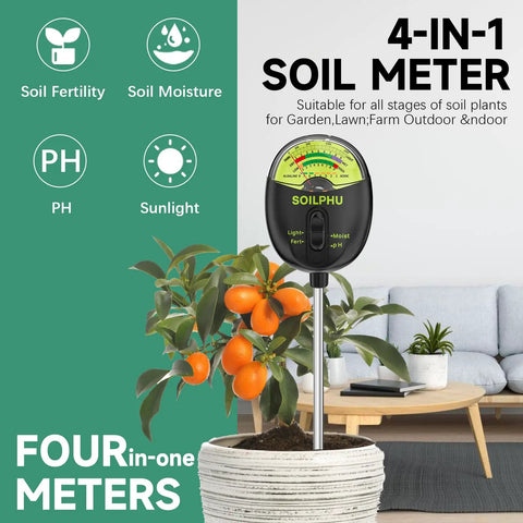4 In 1 Soil Tester Moisture pH Sunlight And Fertility Meter in potted plant for indoor use, showing measurement features.