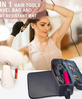 Grab And Go Hair Tools Travel Case With Heat Resistant Mat for styling tools, showing organized storage and open case with compartments.