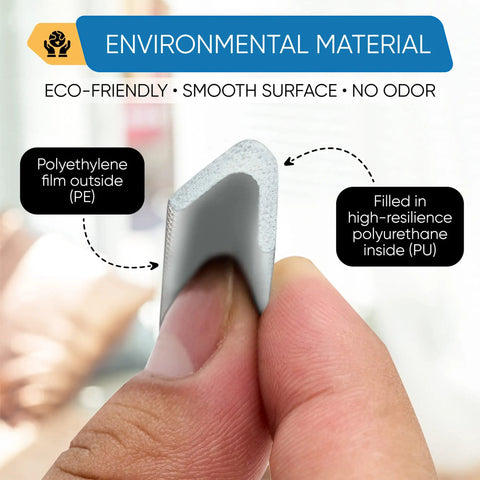 Close-up of V Shape Weather Strip Adhesive Seal showing polyethylene film and polyurethane fill labeled environmental material