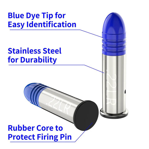 22LR Snap Caps Training Rounds Pack For Safe Loading And Firing Practice Realistic Dummy Cartridges With Blue And Silver Finish 12 Pack Metal Construction Ideal For Function Testing And Dry Fire Drills showing blue dye tip and rubber core