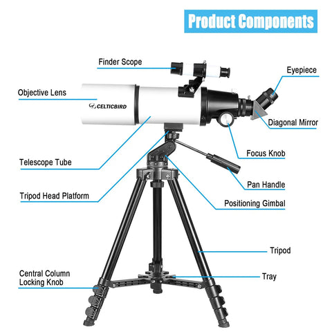 80mm Aperture 600mm Refractor Telescope With AZ Mount For Adults And Kids Beginners Portable Astronomy Kit component diagram