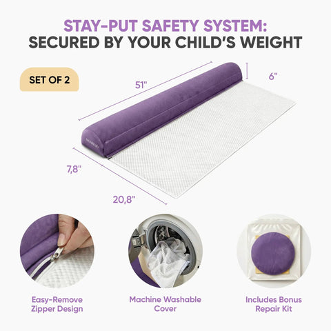 Inflatable Toddler Bed Rails 2 Pack Portable Travel Bed Bumpers with Non Slip Washable Covers, Violet, Easy Inflate