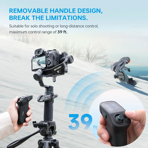 Scorp Mini 3 Pro Camera Gimbal With AI Tracker And Detachable Remote Handle All In One Stabilizer shown in snow with remote control