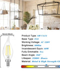 Dimmable E12 Candelabra LED Bulbs 60W Incandescent Equivalent 5000K Daylight White Clear Filament Chandelier Light Bulbs 6W 600lm CA11