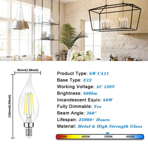 Dimmable E12 Candelabra LED Bulbs 60W Incandescent Equivalent 5000K Daylight White Clear Filament Chandelier Light Bulbs 6W 600lm CA11