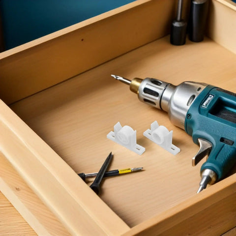 Cabinet Door Catch Hardware Kit With Screws Durable Plastic Ball Clips for cabinets and closets next to drill and screws on wooden surface