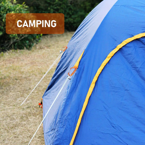 Dope Lightweight 12KN Aluminum Carabiner Clip Wiregate attached to a blue tent for camping, outdoor utility use