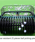 Easy Golf Ball Collector And Retriever For No Bend Pickups 600 Ball Capacity with steel frame and 21 ball picking pieces.