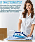 Woman using steam iron on fabric with All In One Three Pack Heat Press Pillow Mats Set With 15 By 15 Cm, 27 By 27 Cm And 28 By 36 Cm Sizes