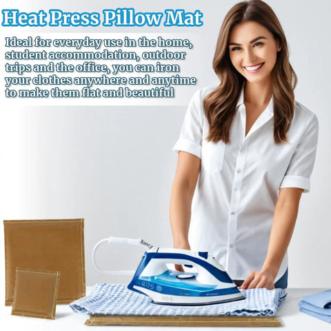 Woman using steam iron on fabric with All In One Three Pack Heat Press Pillow Mats Set With 15 By 15 Cm, 27 By 27 Cm And 28 By 36 Cm Sizes