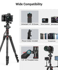 Beast 71 Inch Foldable Aluminum Camera Tripod with Detachable 360 Degree Ball Head showcasing compatibility with various devices