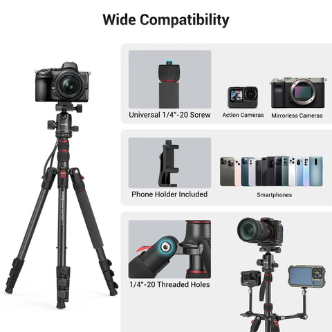 Beast 71 Inch Foldable Aluminum Camera Tripod with Detachable 360 Degree Ball Head showcasing compatibility with various devices