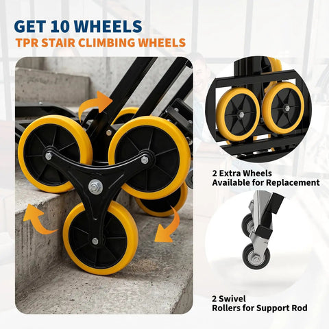 Heavy Duty Stair Climbing Cart Foldable Hand Truck With 6 Wheels For Moving Heavy Loads Up Stairs Without Straining Collapsible Design For Easy Storage In Trunk Or Closet Ready To Roll Anywhere. 10 wheels, TPR stair wheels