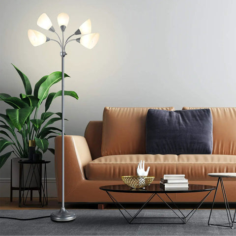 Five Head Medusa Floor Lamp With Large Frosted Shade No Fuss Adjustable Gooseneck Reading Lights in modern living room