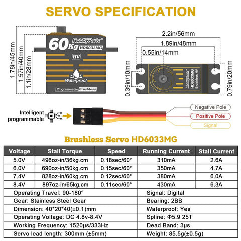 Specifications and dimensions of the Waterproof High Torque Servo With Brushless Motor And Digital Control for RC vehicles and robotics