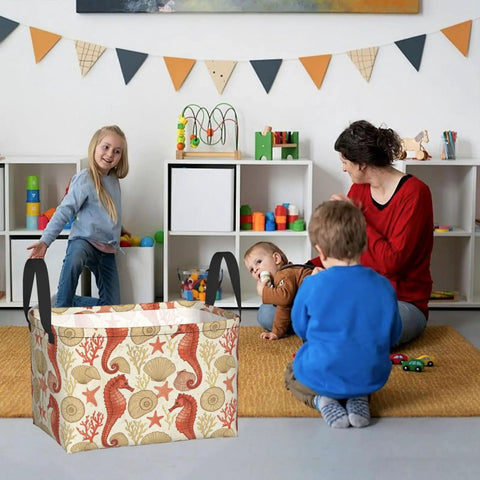 Premium Rectangular Storage Basket For Home Organization Waterproof Fabric Bin With Bold Print Design used in a playroom with kids.