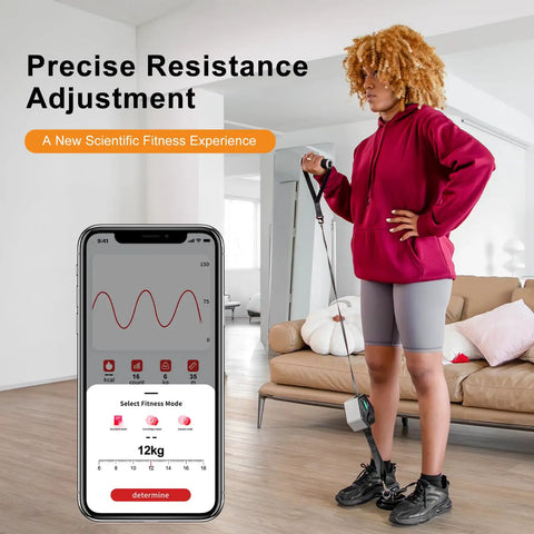 Woman using Portable Cable Strength Trainer With Three Resistance Modes And Fan Cooled Power Pump, showing adjustable resistance on smart LCD.