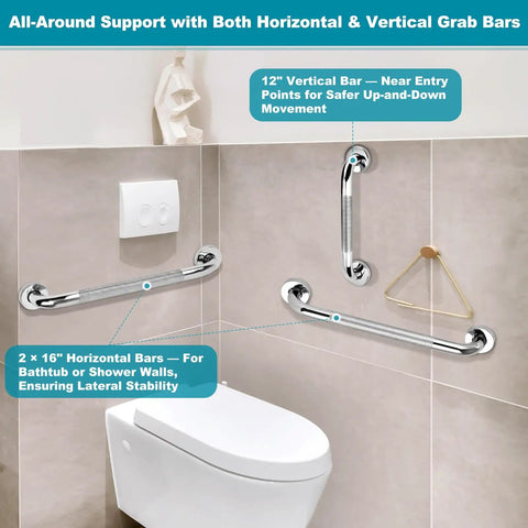 Rock Solid Stainless Steel Grab Bars 3 Pack Featuring Two Practical Sizes For Bathtubs And Showers Non Slip Senior Support Handles Quick Wall Install Bathroom Safety Game Changer, 12" vertical and 16" horizontal bars.