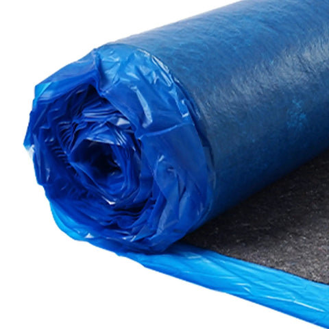 Heavy Duty Floor Underlayment Covers Four Hundred Square Feet Featuring Integrated Vapor Barrier And Acoustic Core, rolled up, waterproof material.
