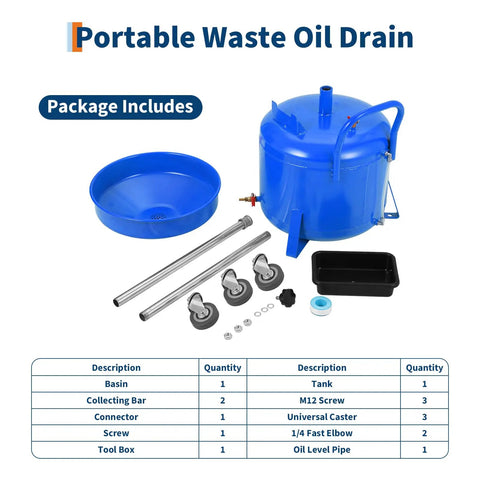 Hoguyexila 8 Gallon Portable Waste Oil Drain Tank Kit, Big Capacity Fluid Pickup Container With Pneumatic Pump For Quick Auto Garage Oil Changes And Vehicle Maintenance Jobs On Road, blue tank kit parts