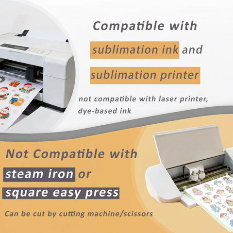 Instructions showing a sublimation printer with sheets, highlighting compatibility with 12 Piece Sublimation Paper Set For Sublimation Printers And Ink, Clear Sublimation Sticker Paper Included, Waterproof And Fade Resistant Transfer Paper For DIY Mugs Tumblers And Phone Cases.