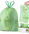 13 Gallon Compostable Drawstring Kitchen Waste Bags Tear Free 49.2 Liter Heavy Duty 1 Mil Food Scrap Bags 30 Count BPI Certified OK Compost Industrial Seedling Safe displayed with packaging and individual bag held by hand.