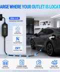 Portable Level 2 EV Charger With Nema 1430 Plug connected to a car in a garage, showcasing 25FT cable and easy access.