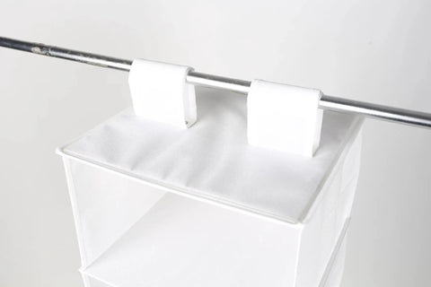 Rock Solid Six Shelf Hanging Closet Organizer With Dividers In Clean White Non Woven Fabric Collapsible vertical storage attached to closet rod.