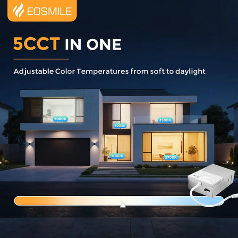 EOSMILE 3 Inch White LED Recessed Lighting with Night Light, 6 Pack showcasing adjustable color temperatures on a modern house.