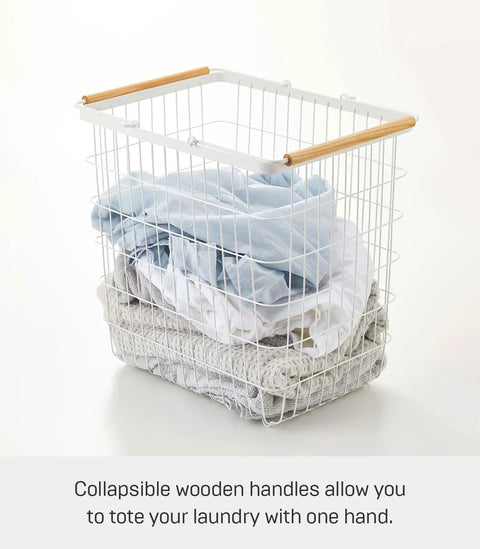 Tosca Style Laundry Basket with Wooden Handles, white steel frame, filled with clothes, collapsible for easy tote, 15 inch large capacity