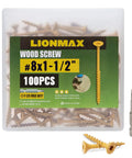 Heavy Duty Torx Deck Screws Size 8 X 1.5 Inch Tan Coated Wood Fasteners Hella Durable And Built Like A Tank For All Your Outdoor Deck Builds 100 Pcs Pack in packaging with screws.