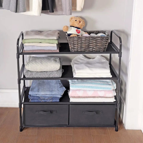 Four Shelf Closet Storage Rack Featuring Two Removable Fabric Storage Boxes Zero Sweat Metal Frame Assembly, showcasing clothes and a basket.