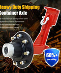 Red heavy-duty shipping container axle with high-density carbon steel and 8-lug configuration for marine containers.
