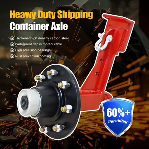 Red heavy-duty shipping container axle with high-density carbon steel and 8-lug configuration for marine containers.