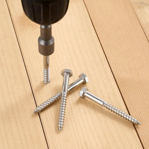 Top Quality 304 Stainless Steel Hex Lag Screws One Quarter Inch By Two Point Five Inches Tough As Nails Rust Resistant Wood Fasteners For Outdoor Decks And Flower Stands Twenty Five Count with drill on wood.