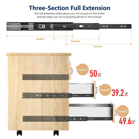 Three-section full extension drawer with Premium Heavy Duty Matte Black Soft Close Drawer Slides Twenty Inch Steel Ball Bearing Hardware.