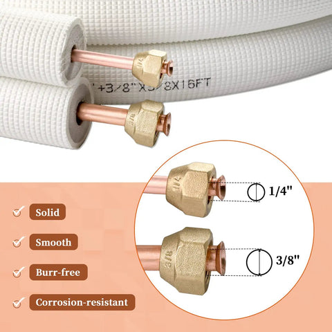 Close-up of Pro Grade 25 Ft Insulated Line Set Kit For Mini Split AC DIY Friendly with 1/4 and 3/8 inch copper piping fittings